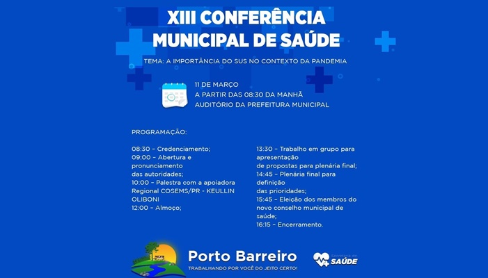 Porto Barreiro - Prefeitura realiza na próxima semana a 13ª Conferência Municipal de Saúde